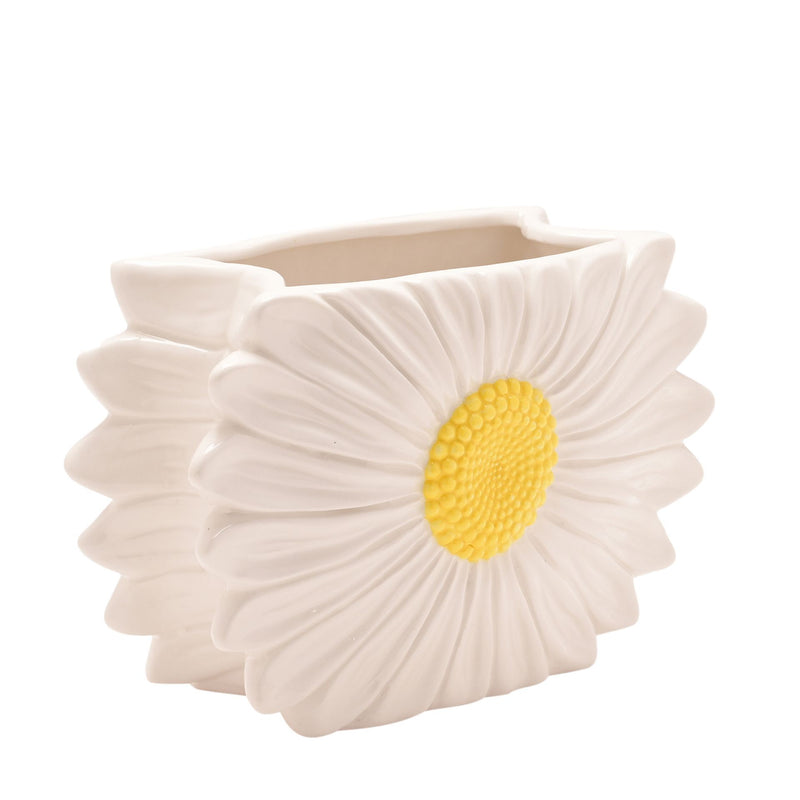 The Cottage Garden daisy ceramic vase by CELEBRATIONS, angled view on white background showing glazed finish