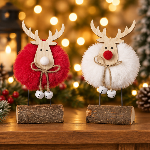ed and white fluffy pom-pom reindeer standing decorations displayed together on a wooden surface with warm golden bokeh fairy lights in the background