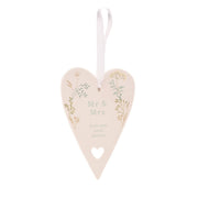 Love Story Mr & Mrs ceramic heart ornament 13cm, hanging on a white background showing floral design and text detail