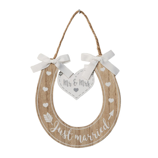 Just Married Wooden Horseshoe Hanging Plaque with Mr and Mrs heart tag, ribbon bows, painted hearts and arrow details, jute twine hanger, white background