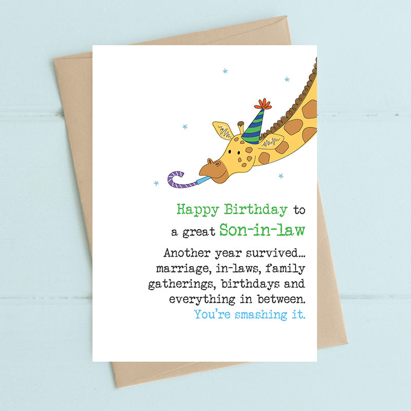 Son-in-law birthday card with humorous another year survived sentiment, hand finished with flitter, printed on luxury 300gsm FSC-certified board, 114x162mm