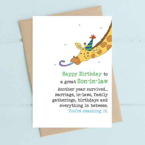 Son-in-law birthday card with humorous another year survived sentiment, hand finished with flitter, printed on luxury 300gsm FSC-certified board, 114x162mm