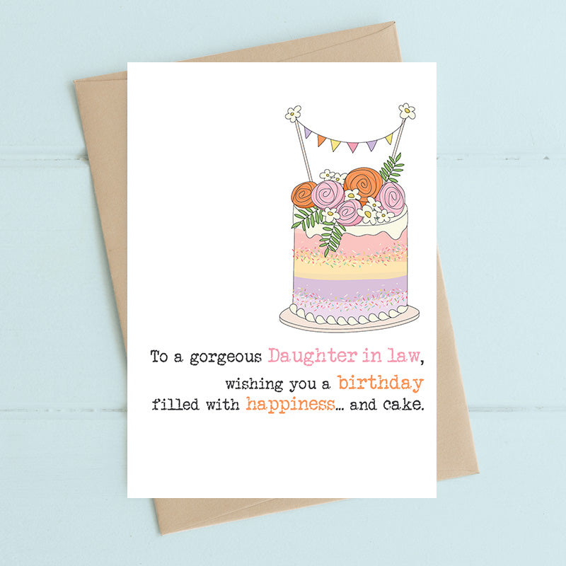 Daughter-in-law birthday card with happiness and cake sentiment, hand finished with flitter, printed on luxury 300gsm FSC-certified board, 114x162mm