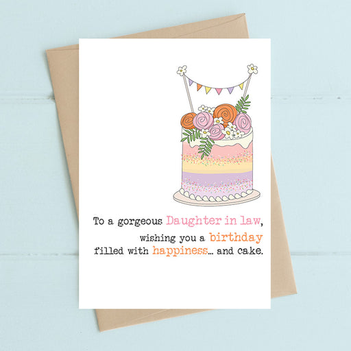 Daughter-in-law birthday card with happiness and cake sentiment, hand finished with flitter, printed on luxury 300gsm FSC-certified board, 114x162mm