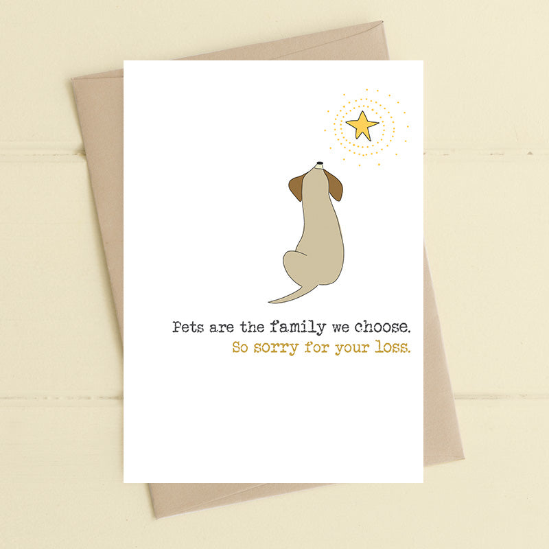 Pet sympathy card featuring an illustrated dog sitting with its back to us gazing up at a glowing star with the sentiment Pets are the family we choose So sorry for your loss