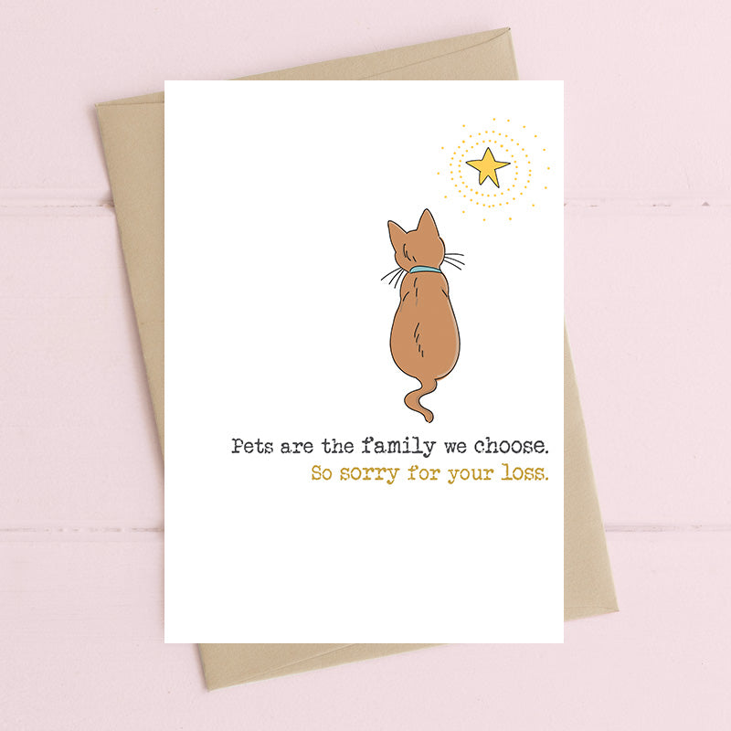 Pet sympathy card featuring an illustrated cat sitting with its back to us gazing up at a glowing star with the sentiment Pets are the family we choose So sorry for your loss