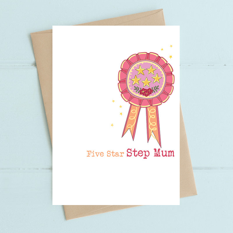 Five Star Step Mum birthday card, hand finished with flitter, printed on luxury 300gsm FSC-certified board, 114x162mm
