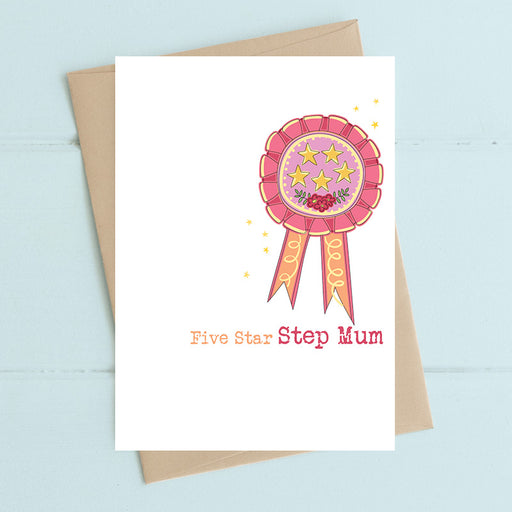 Five Star Step Mum birthday card, hand finished with flitter, printed on luxury 300gsm FSC-certified board, 114x162mm