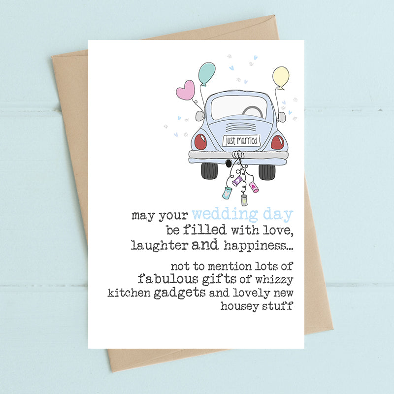 Funny wedding card with love, laughter and kitchen gadgets sentiment, hand finished with flitter, printed on luxury 300gsm FSC-certified board, 114x162mm