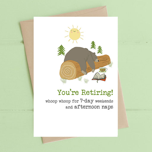 Funny retirement card celebrating 7-day weekends and afternoon naps, hand finished with flitter, printed on luxury 300gsm FSC-certified board, 114x162mm