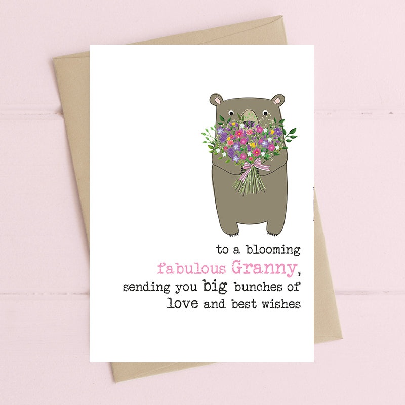 Blooming fabulous Granny birthday card with floral design, hand finished with flitter, printed on luxury 300gsm FSC-certified board, 114x162mm