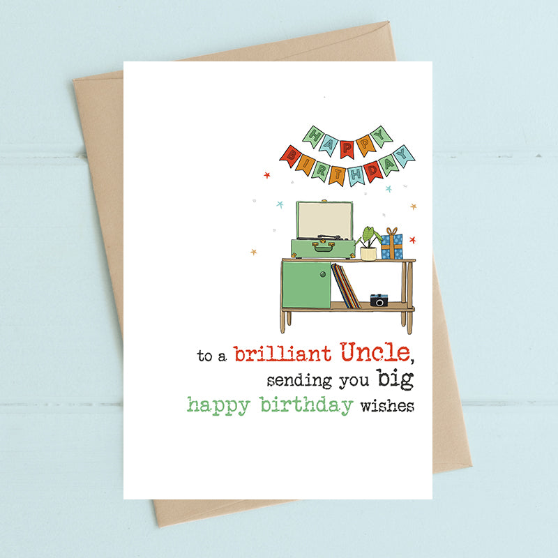 Birthday card for uncle with retro sideboard illustration and Happy Birthday bunting