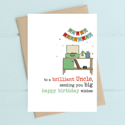 Birthday card for uncle with retro sideboard illustration and Happy Birthday bunting