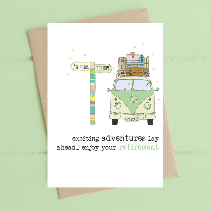 Exciting adventures retirement card, hand finished with flitter, printed on luxury 300gsm FSC-certified board, 114x162mm