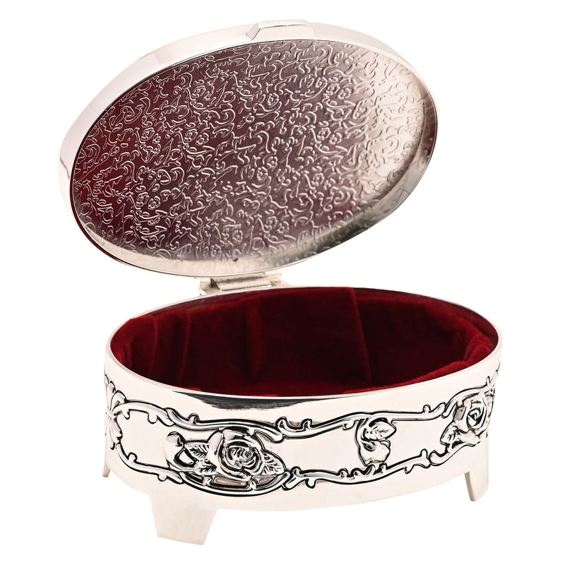 Oval and Silver Plated Trinket Box - Rose Design