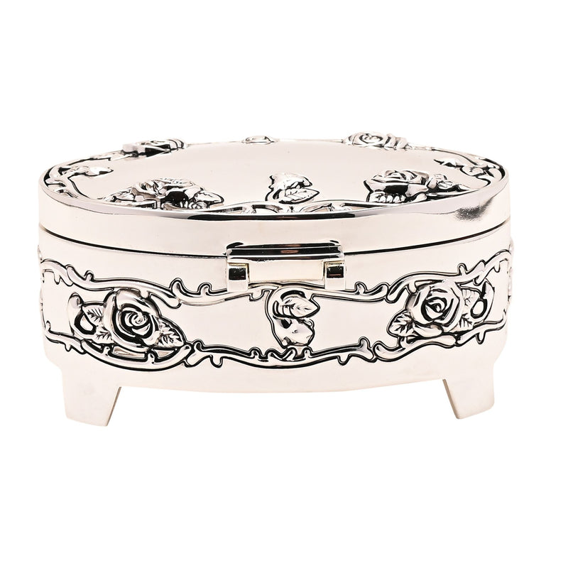 Oval and Silver Plated Trinket Box - Rose Design