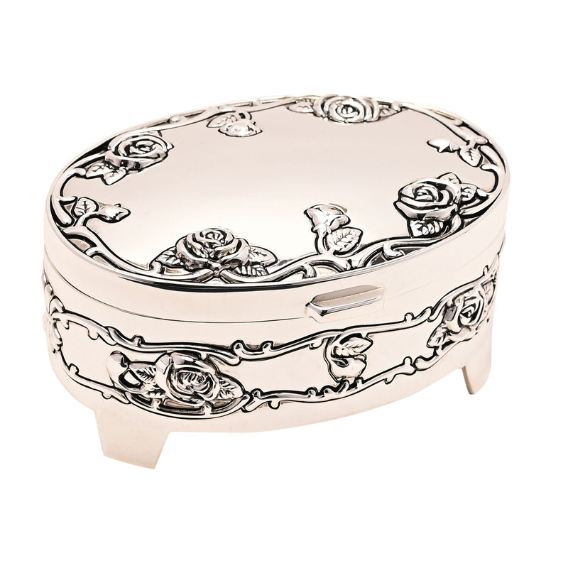 Oval and Silver Plated Trinket Box - Rose Design